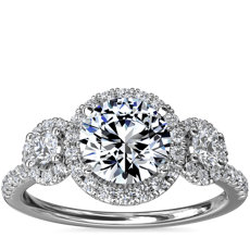 14k 白金三石光环钻石订婚戒指